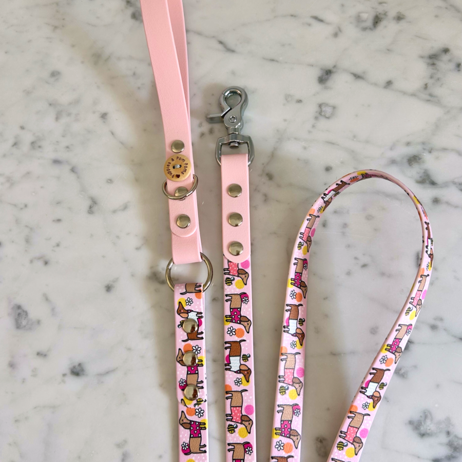 Handmade Vegan Leather Dog Leash - Bee Happy Dachshunds - Pink