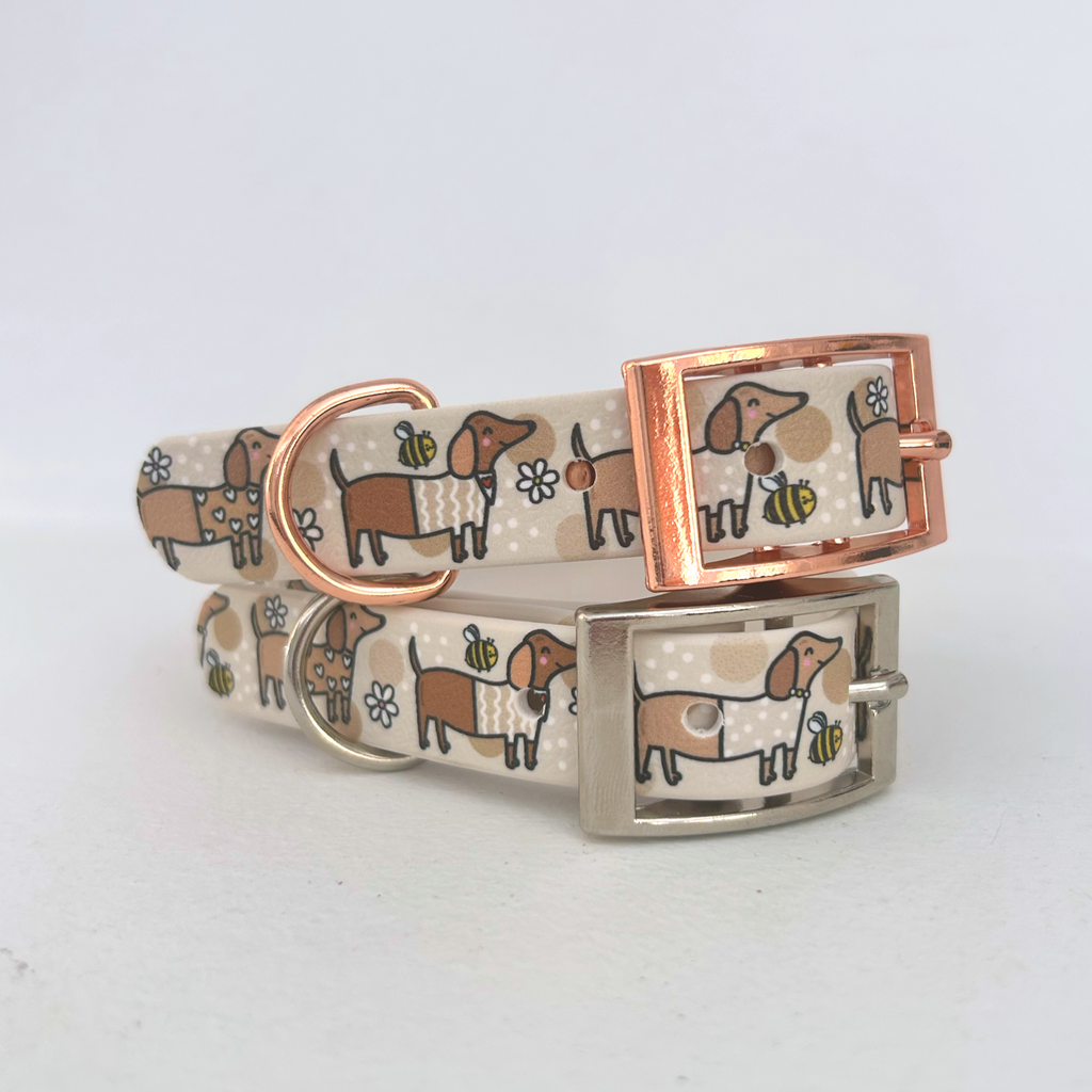 Bee Happy Dachshunds Beige Handmade Dog Collar