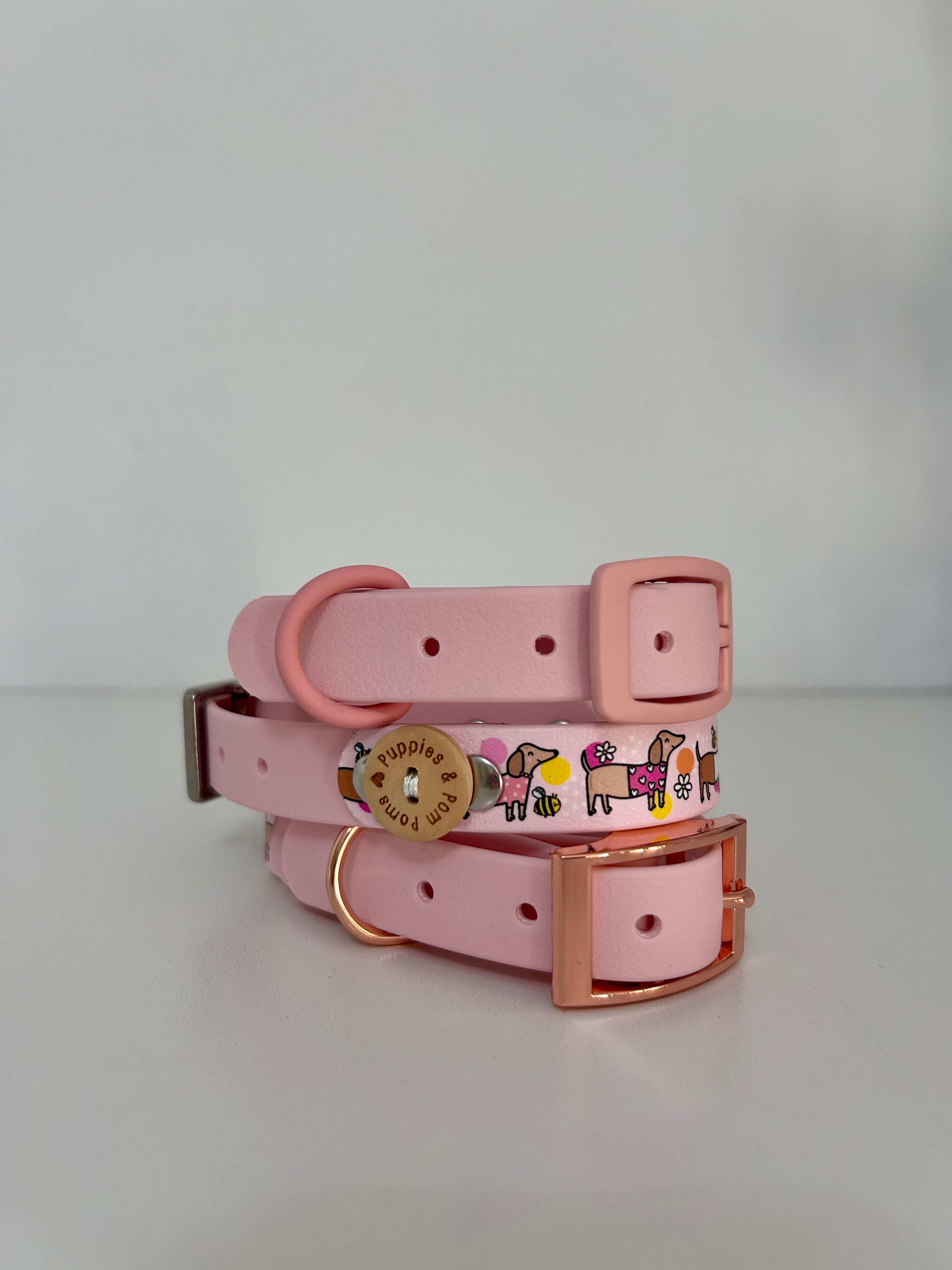 Bee Happy Dachshunds - Handmade Biothane Dog Collar - Baby Pink