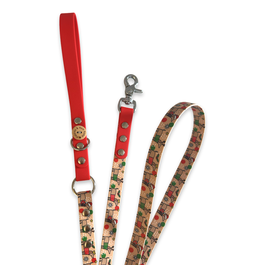 Handmade Dog Leash - Christmas Dachshunds - Red