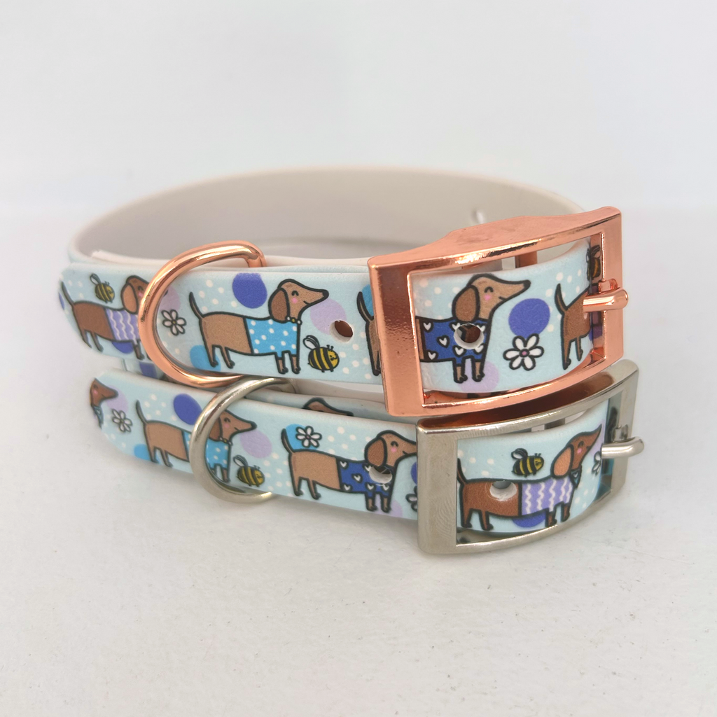 Bee Happy Dachshunds Blue Handmade Dog Collar
