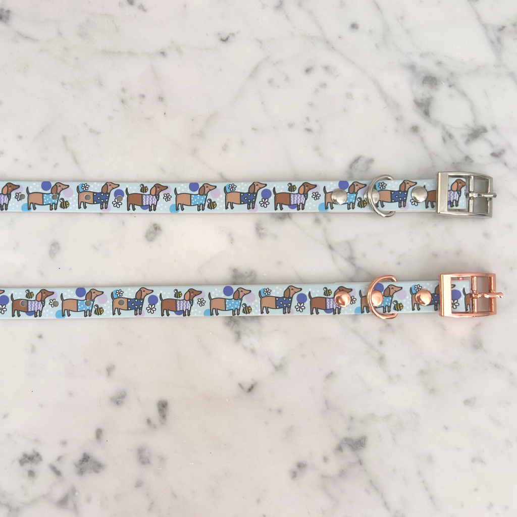 Bee Happy Dachshunds Blue Handmade Dog Collar