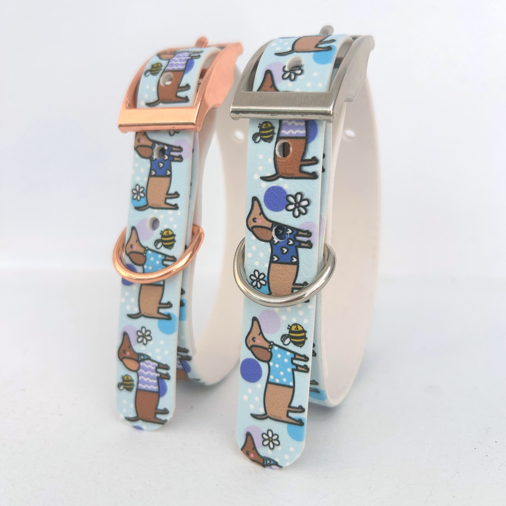 Bee Happy Dachshunds Blue Handmade Dog Collar