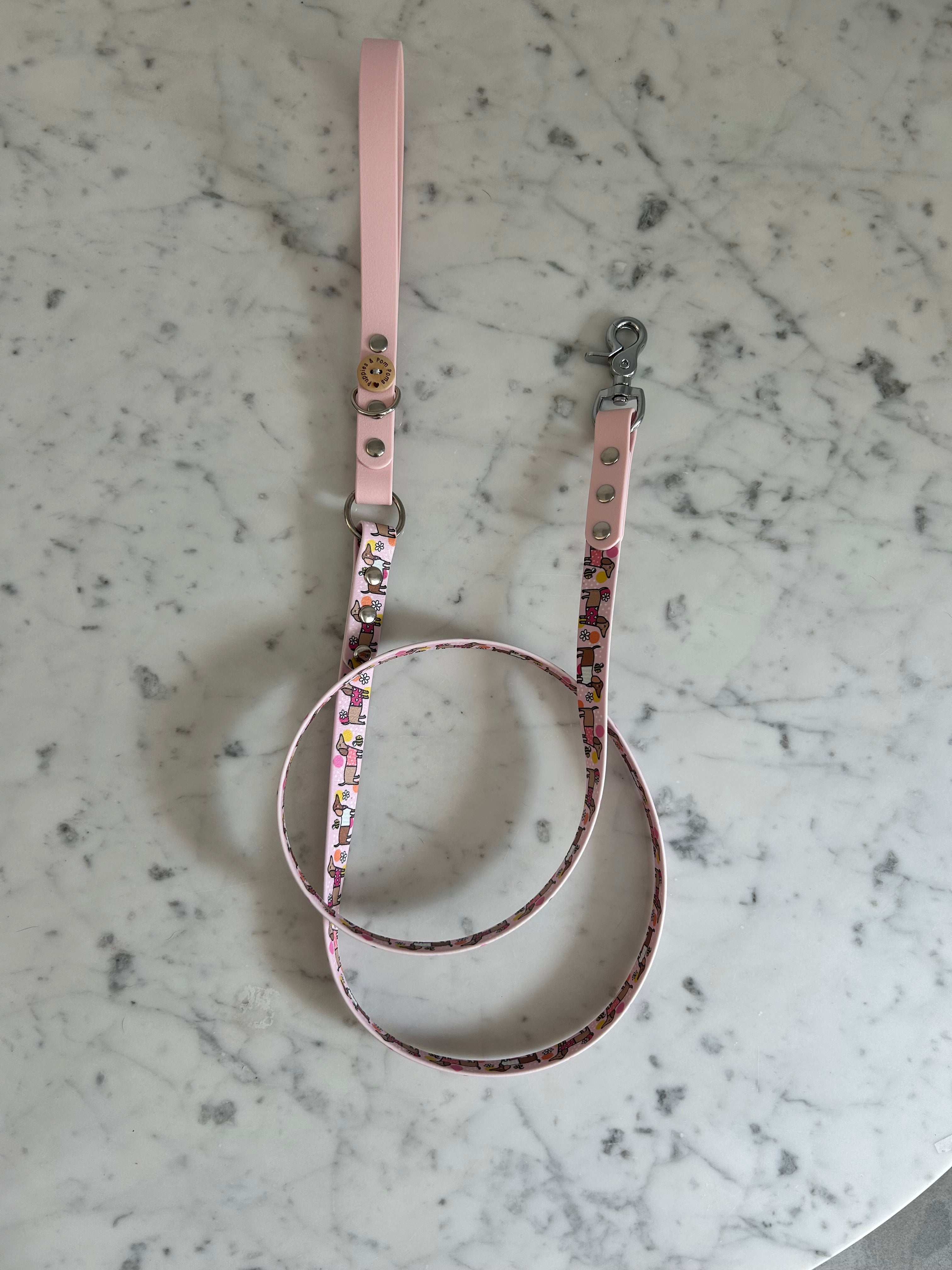 Handmade Vegan Leather Dog Leash - Bee Happy Dachshunds - Pink
