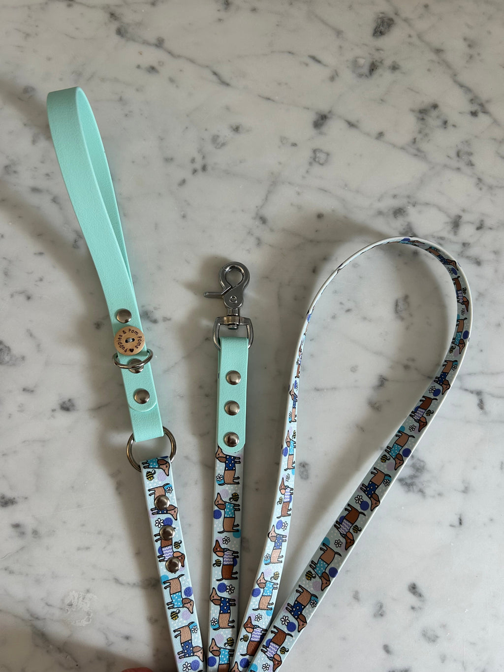 Handmade Vegan Leather Dog Leash - Bee Happy Dachshunds - Blue