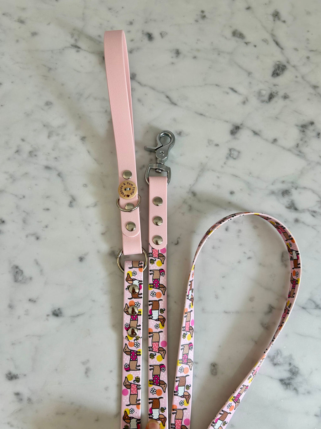 Handmade Vegan Leather Dog Leash - Bee Happy Dachshunds - Pink