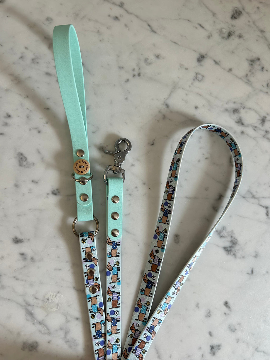 Handmade Vegan Leather Dog Leash - Bee Happy Dachshunds - Blue