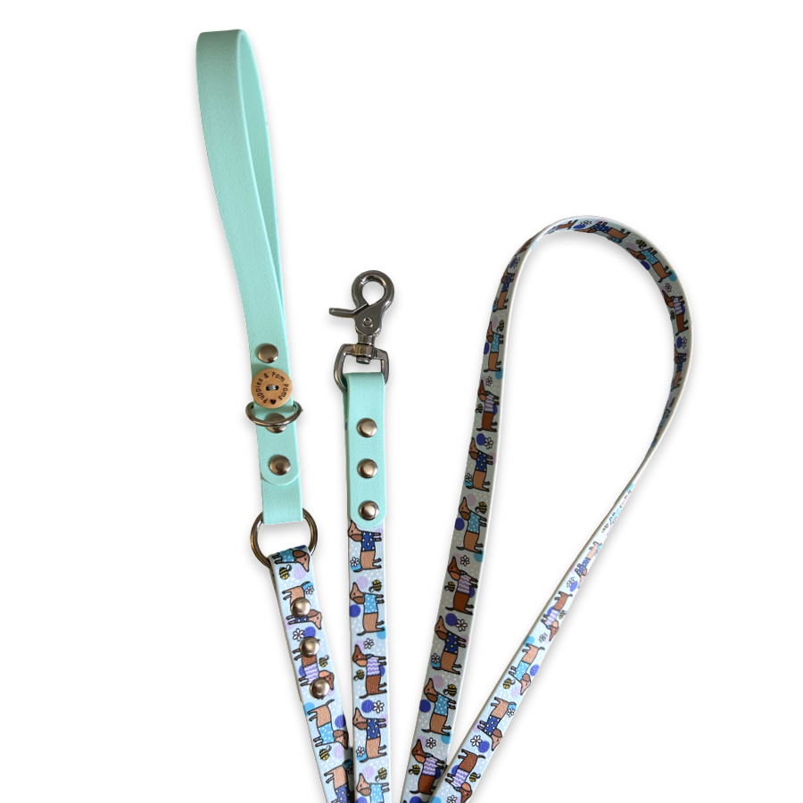 Handmade Vegan Leather Dog Leash - Bee Happy Dachshunds - Blue
