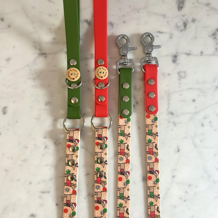 Handmade Dog Leash - Christmas Dachshunds - Red