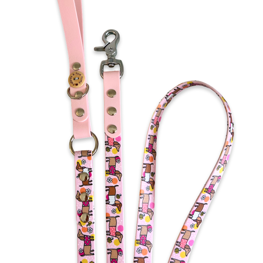 Handmade Vegan Leather Dog Leash - Bee Happy Dachshunds - Pink
