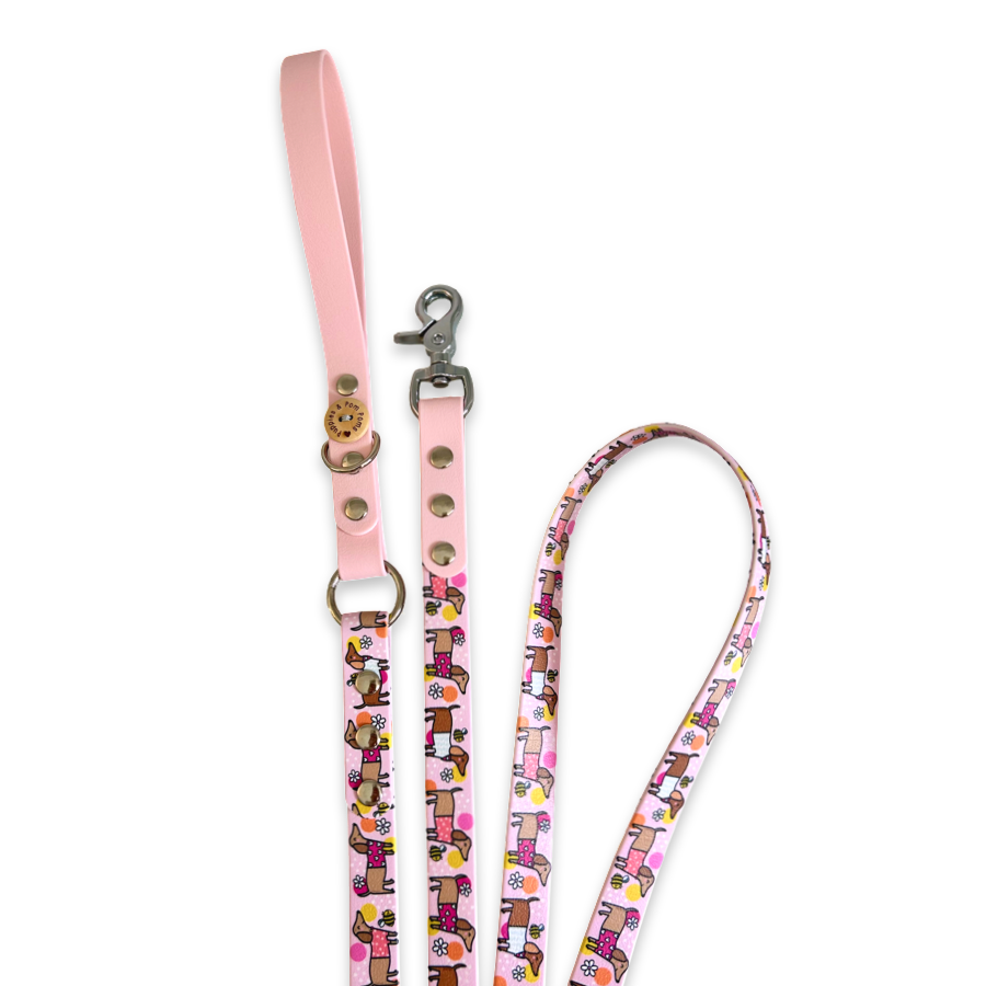 Handmade Vegan Leather Dog Leash - Bee Happy Dachshunds - Pink