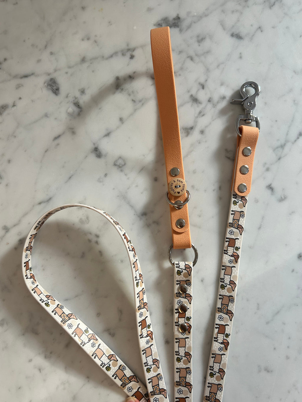 Handmade Vegan Leather Dog Leash - Bee Happy Dachshunds - Beige