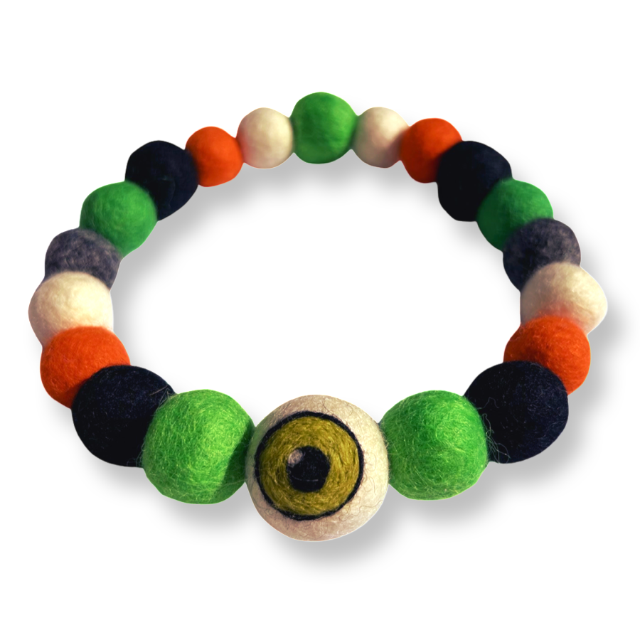 Halloween Eyeball Pom Pom Dog Collar  - Green