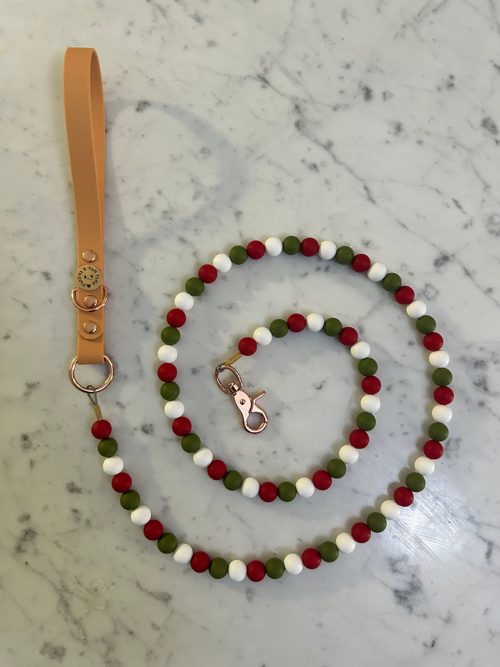 Christmas Bead Handmade Dog Leash - Tan Vegan Leather