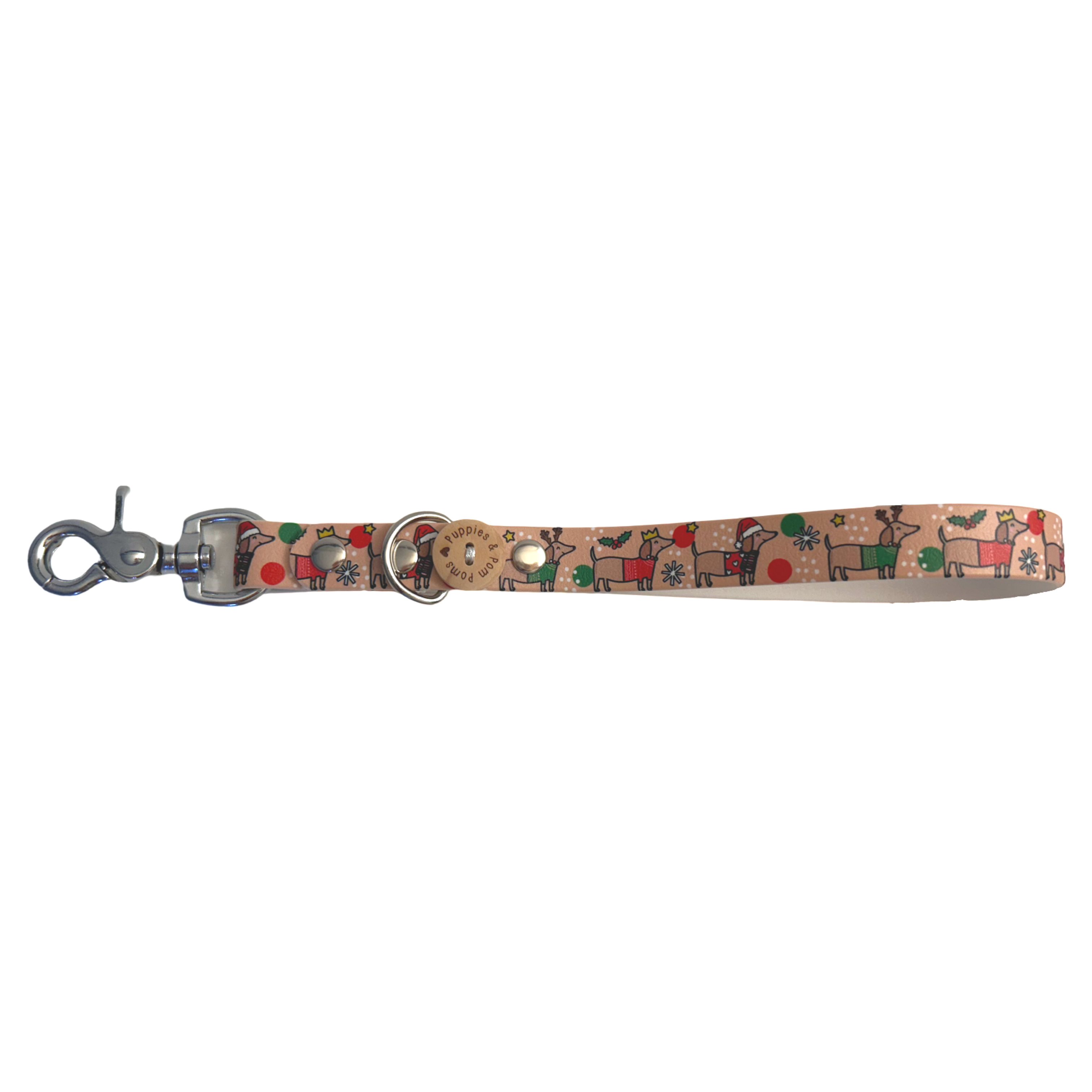 Christmas Dachshunds 30cm Handmade Handle Leash - Vegan Leather / Waterproof Biothane