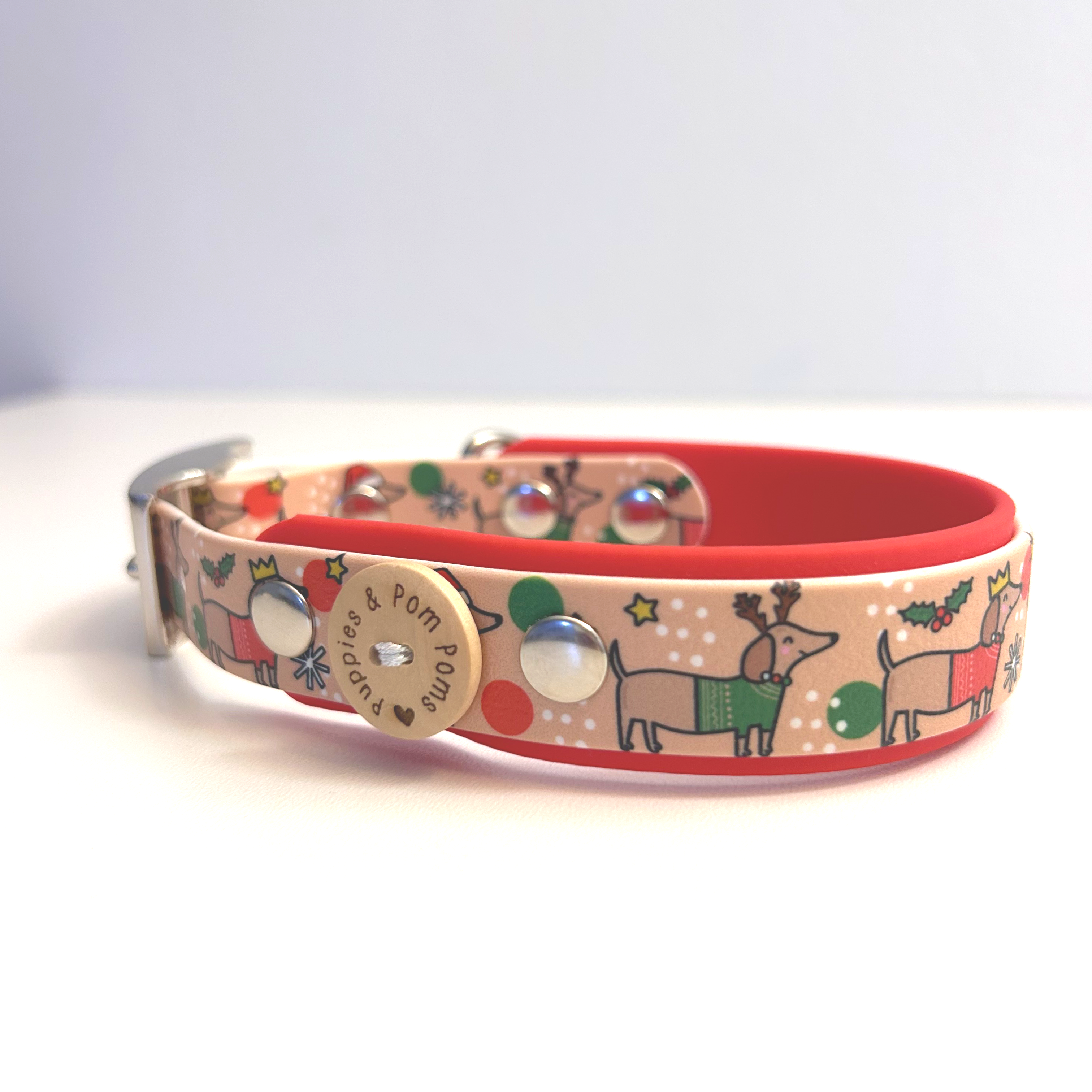 Christmas Dachshunds Handmade Dog Collar - Vegan / Waterproof Biothane - 2 Colour 25mm