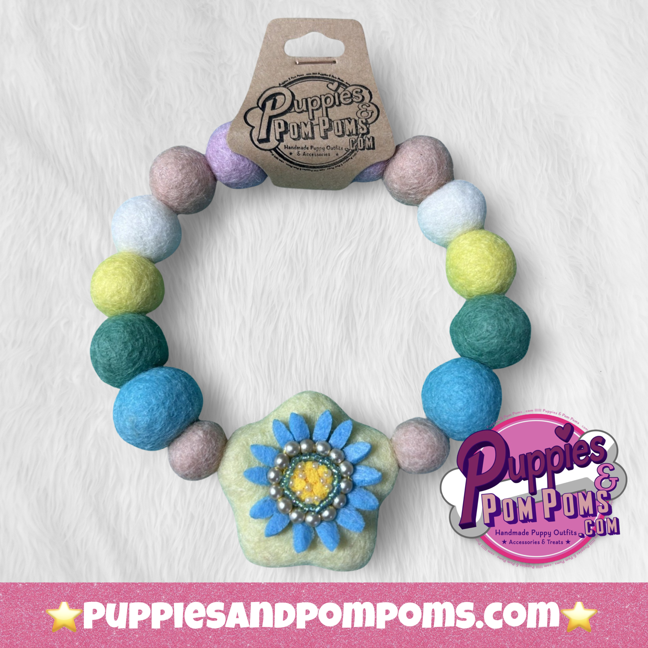 Spring Blue Flower - Personalised Pom Pom Dog Collar