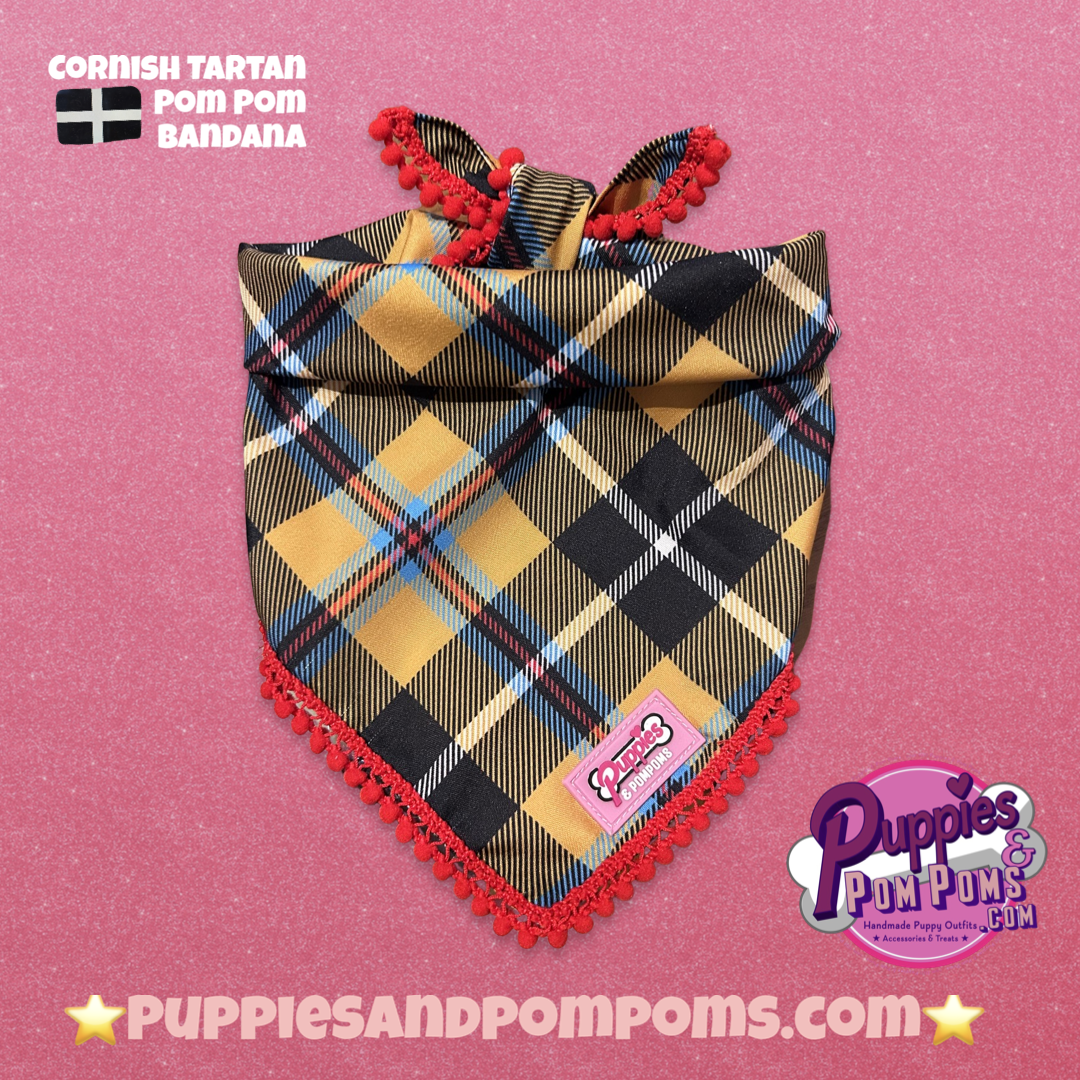 Cornish Tartan Bandana - Red Pom Poms -Tie on