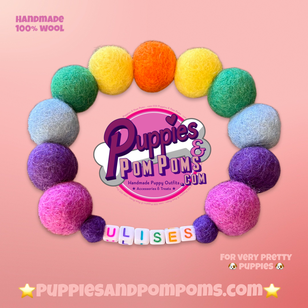 Personalised Pom Pom Dog Collar - Rainbow Brights 2cm Balls