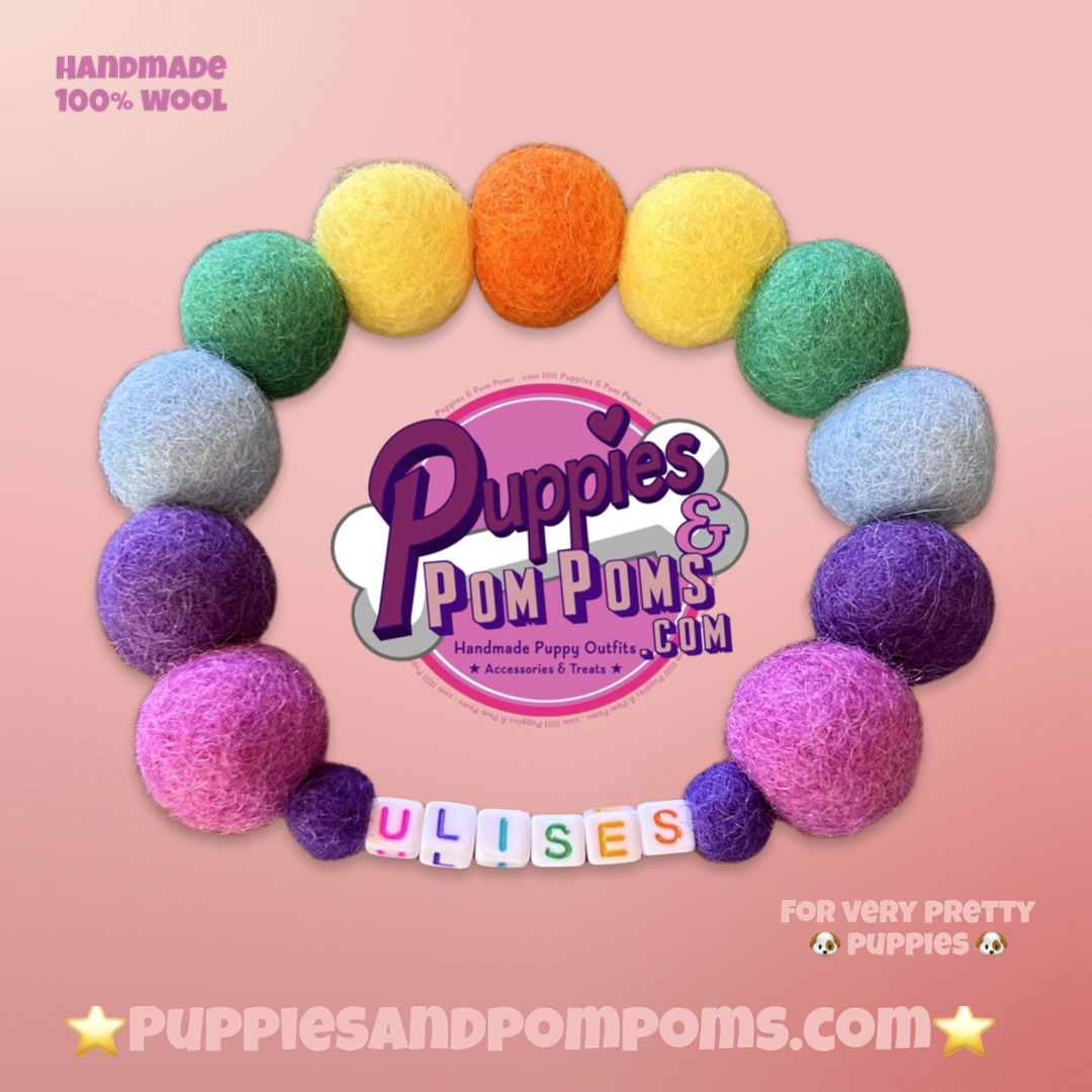 Personalised Pom Pom Dog Collar - Rainbow Brights 2cm Balls