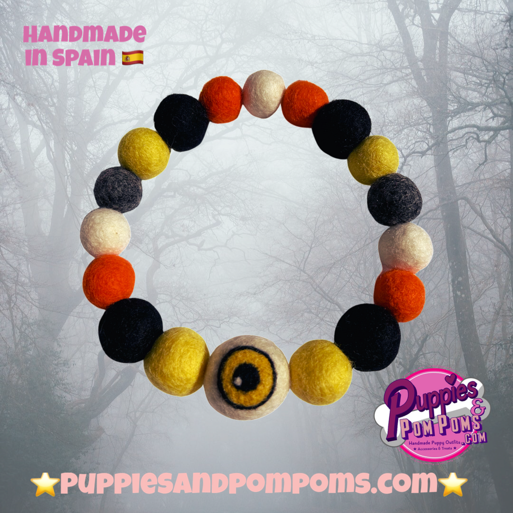 Halloween Pom Pom Dog Collar  - Yellow Eye Ball