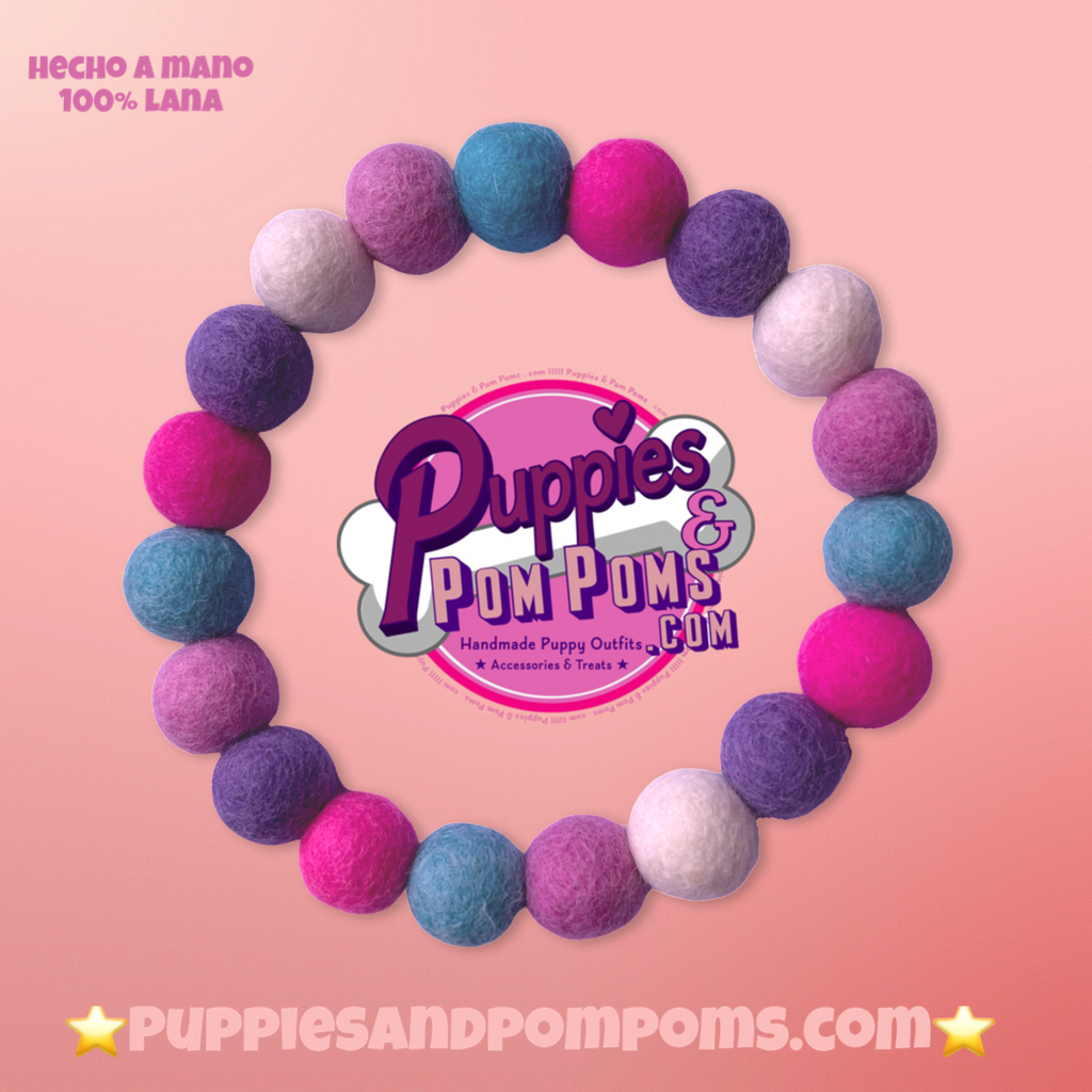 Pink, Blue & Purple Mix - Personalised Pom Pom Dog Collar