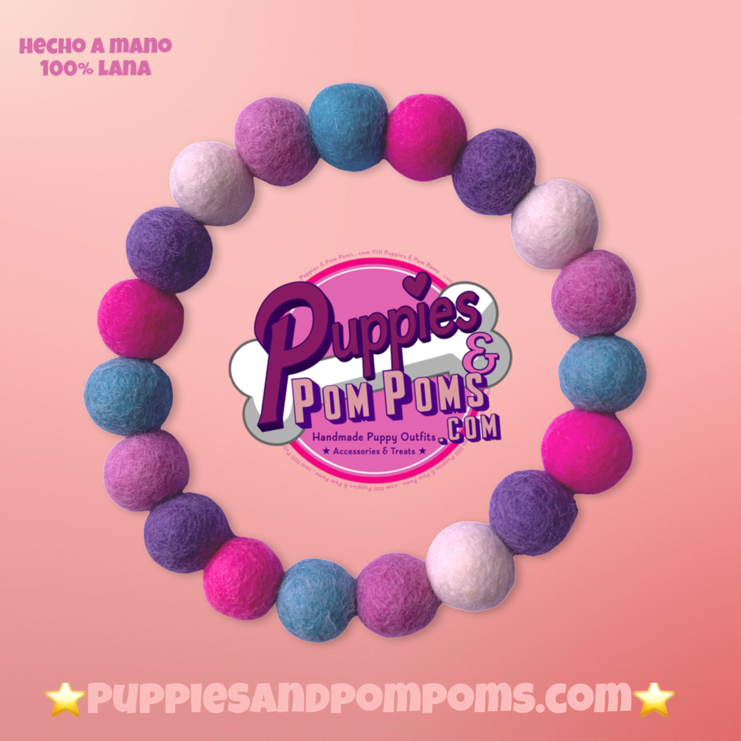 Pink, Blue & Purple Mix - Personalised Pom Pom Dog Collar