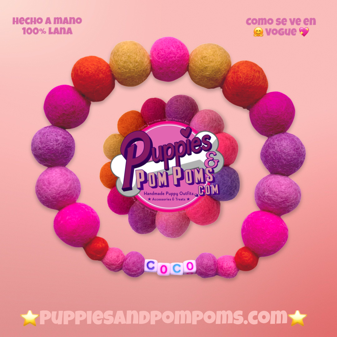 Pink - Personalised Pom Pom Dog Collar