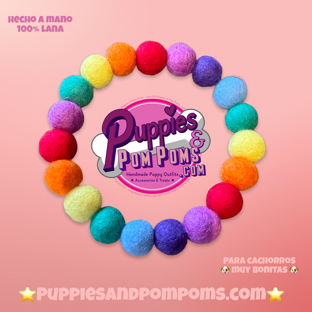 Personalised Pom Pom Dog Collar - Rainbow Brights 1cm Balls