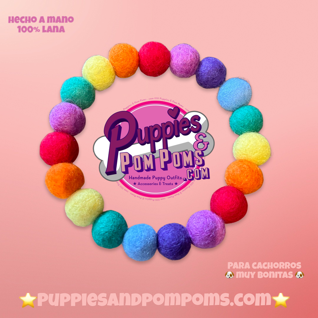 Personalised Pom Pom Dog Collar - Rainbow Brights 1cm Balls
